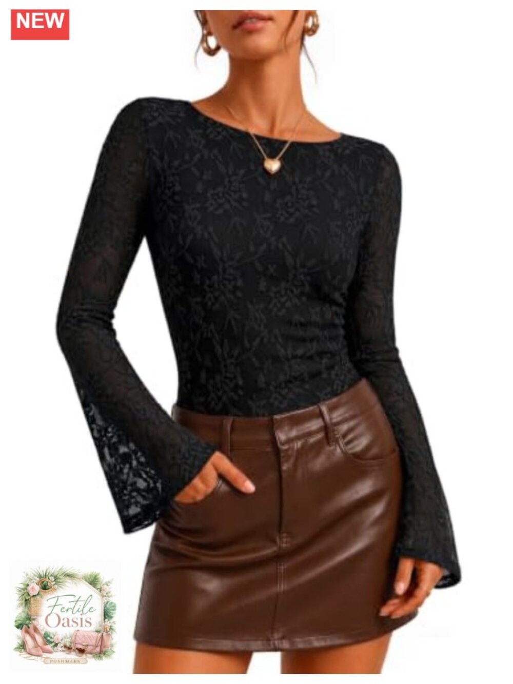 Women's Floral Lace Long Sleeve Boat Neck Blouse